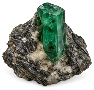 Representative AI specimen of Emeralds: Natural emerald in schist.