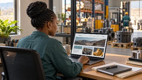 AI-generated illustration of a business owner reviewing a company website beside an industrial warehouse.