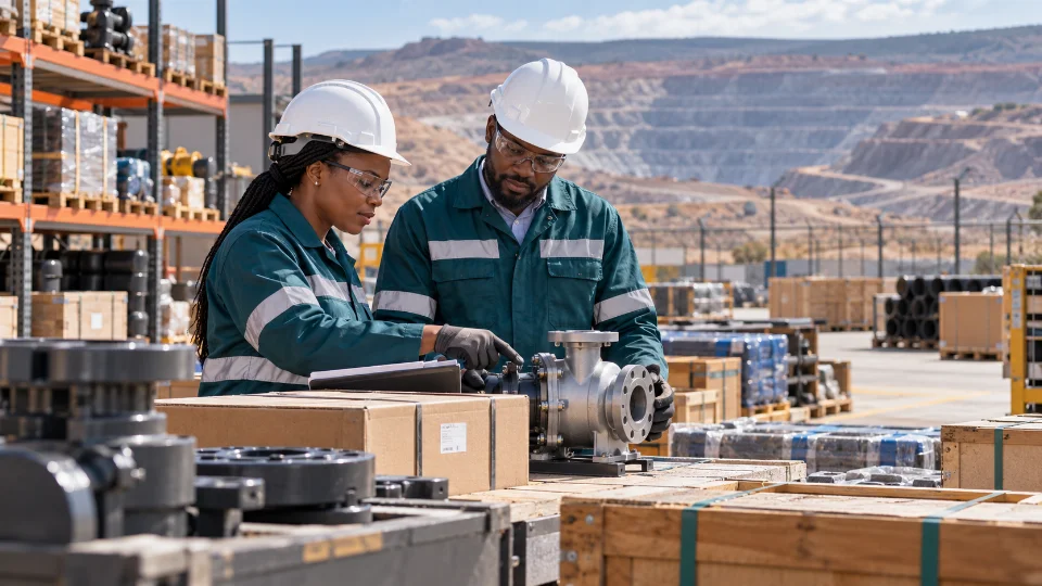 AI-generated illustration of two African supply professionals inspecting an industrial component in a mine supply yard.