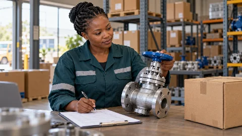 AI-generated illustration of a supplier checking an industrial valve against dispatch paperwork.