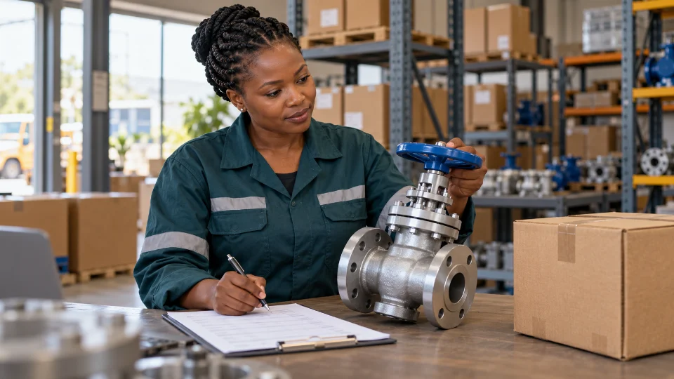 AI-generated illustration of a supplier checking an industrial valve against dispatch paperwork.