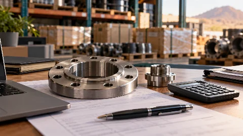 AI-generated illustration of steel components, quotation paperwork and a calculator in a supply business.