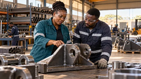 AI-generated illustration of an African workshop owner and technician inspecting a fabricated steel component.