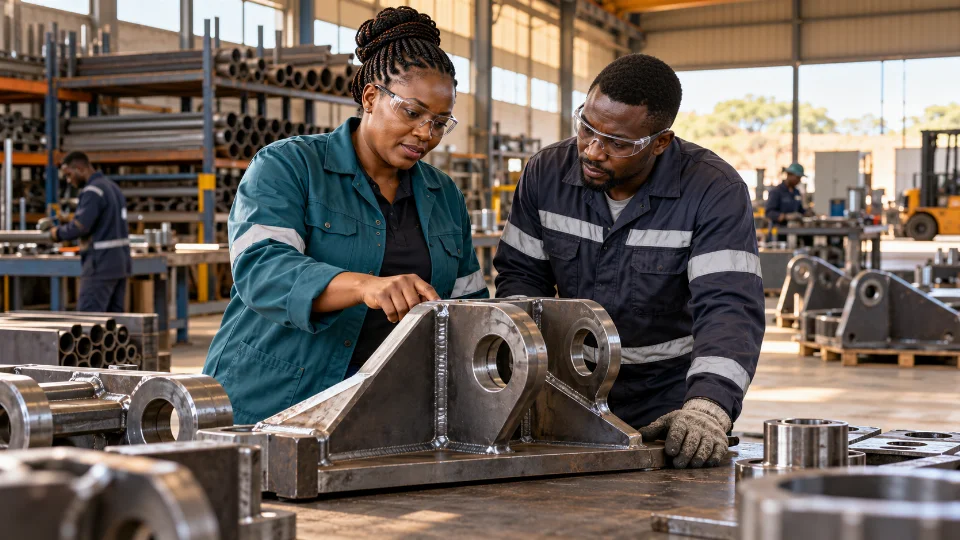 AI-generated illustration of an African workshop owner and technician inspecting a fabricated steel component.